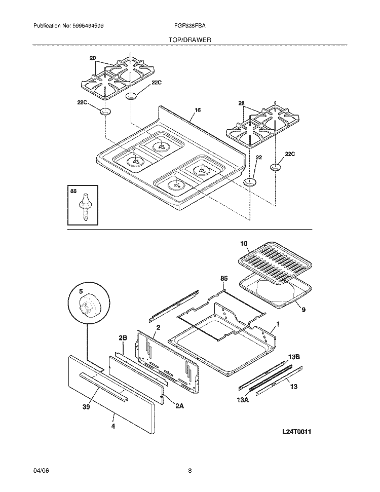 TOP / DRAWER Diagram and Parts List for FGF328FBA  Frigidaire Range