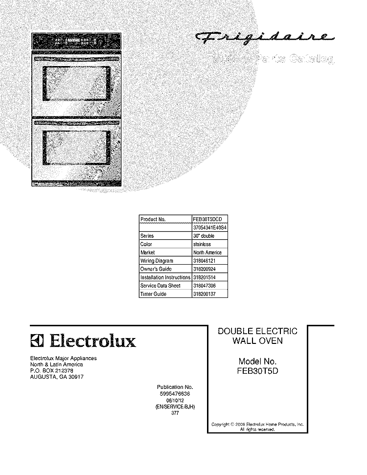 COVER Diagram and Parts List for FEB30T5DCD  Frigidaire Wall Oven