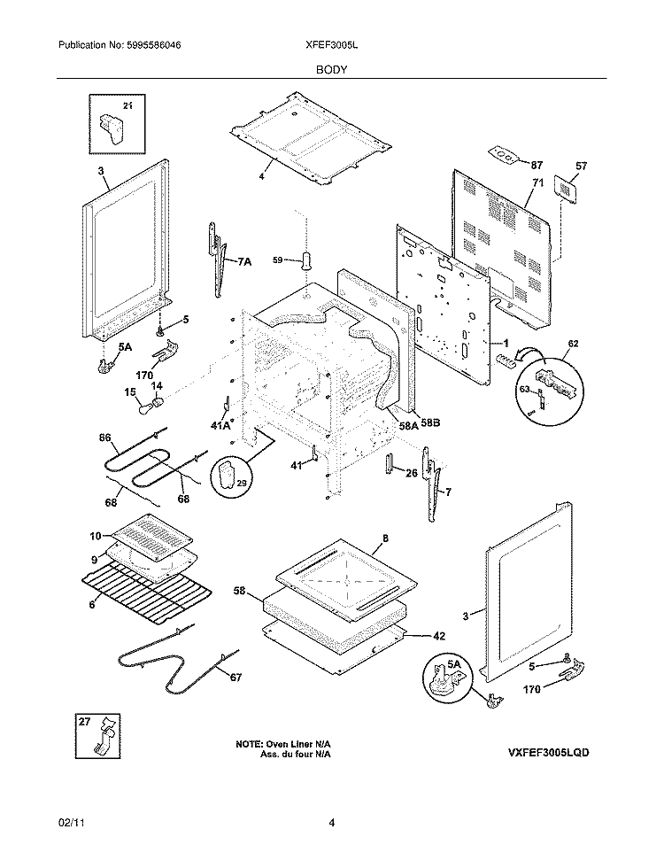 BODY Diagram and Parts List for XFEF3005LWD  Frigidaire Range