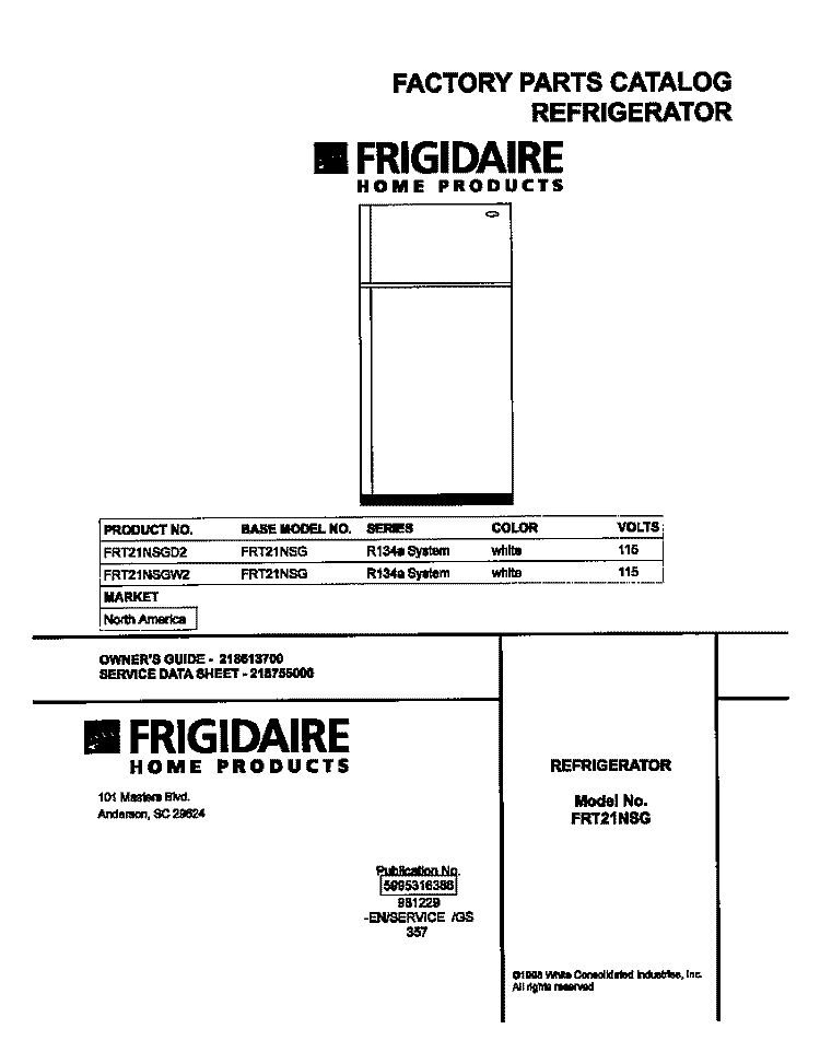 COVER Diagram and Parts List for FRT21NSGD2  Frigidaire Refrigerator