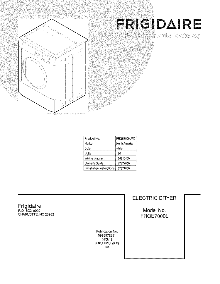 COVER Diagram and Parts List for FRQE7000LW0  Frigidaire Dryer