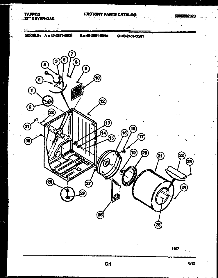 CABINET AND COMPONENT PARTS Diagram and Parts List for 49-2451-00-01  Tappan Dryer