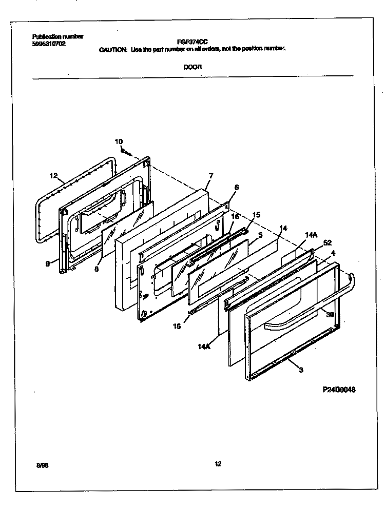 DOOR Diagram and Parts List for FGF374CCSL  Frigidaire Range