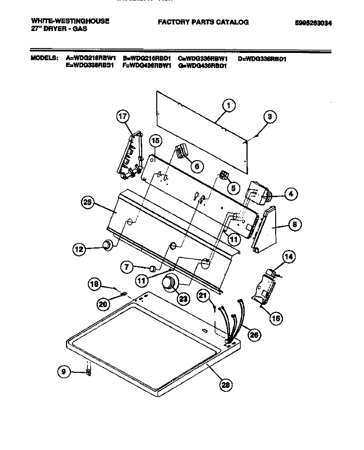CONSOLE, CONTROLS Diagram and Parts List for WDG216RBD1  Frigidaire Dryer