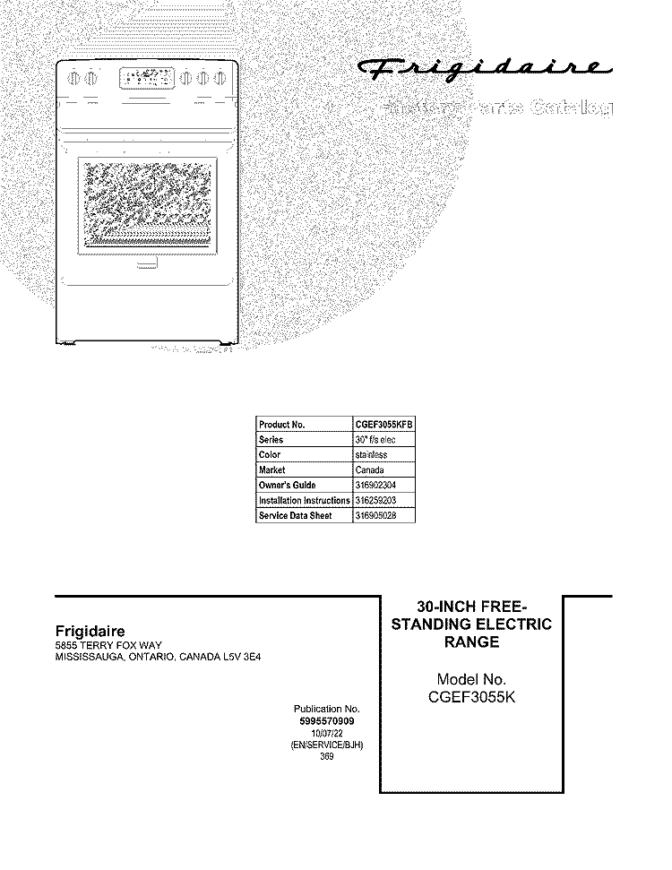 COVER Diagram and Parts List for CGEF3055KFB  Frigidaire Range