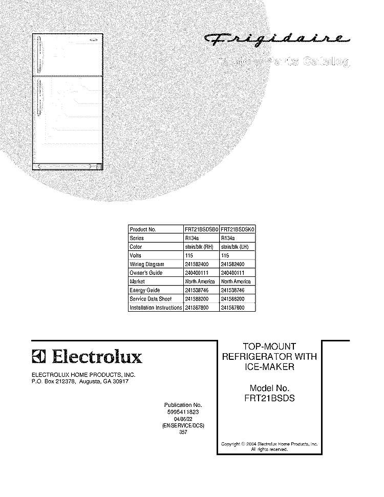 COVER Diagram and Parts List for FRT21BSDSB0  Frigidaire Refrigerator