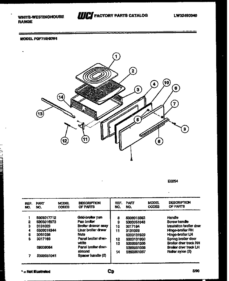 BROILER DRAWER PARTS Diagram and Parts List for PGF716HXW4  Frigidaire Range