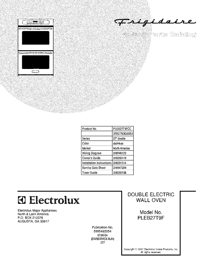 COVER Diagram and Parts List for PLEB27T9FCC  Frigidaire Wall Oven