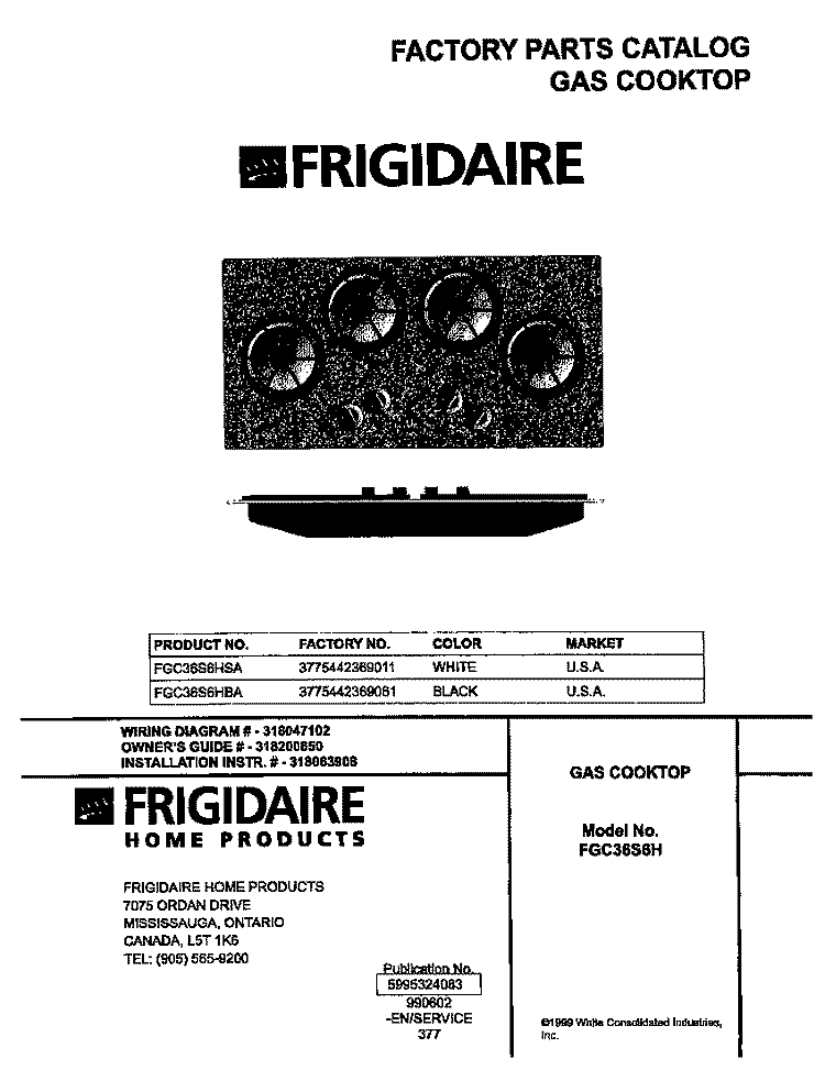 COVER Diagram and Parts List for FGC36S6HBA  Frigidaire Cooktop