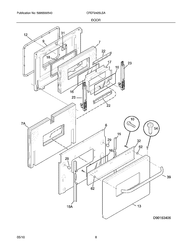 DOOR Diagram and Parts List for CFEF2425LSA  Frigidaire Range