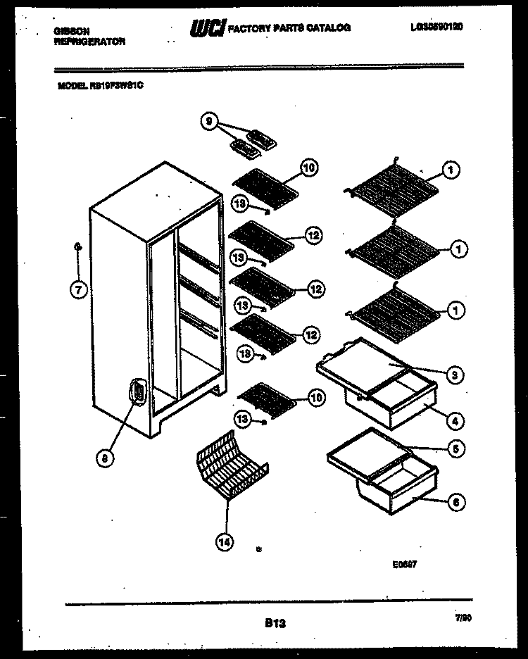 SHELVES AND SUPPORTS Diagram and Parts List for RS19F3WS1C  Gibson Refrigerator