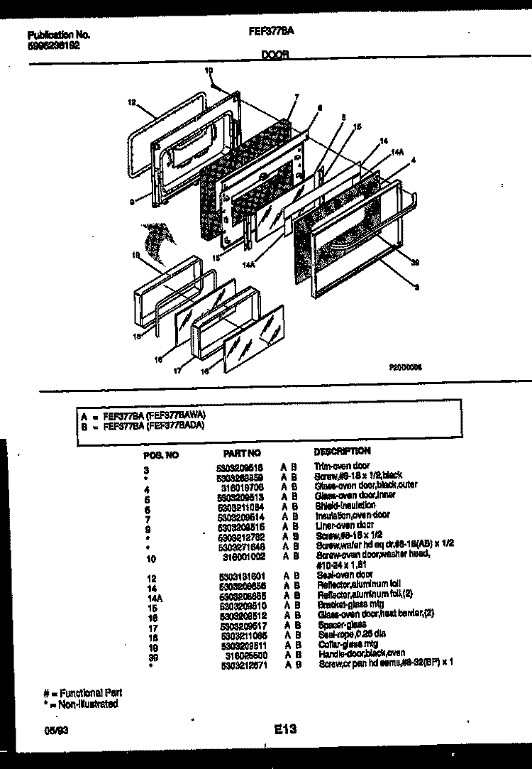DOOR PARTS Diagram and Parts List for FEF377BADA  Frigidaire Range