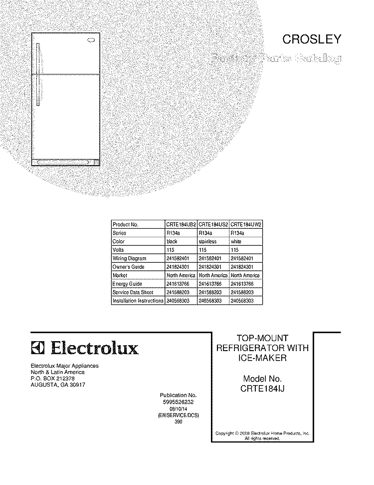 COVER Diagram and Parts List for CRTE184IJW2  Frigidaire Refrigerator