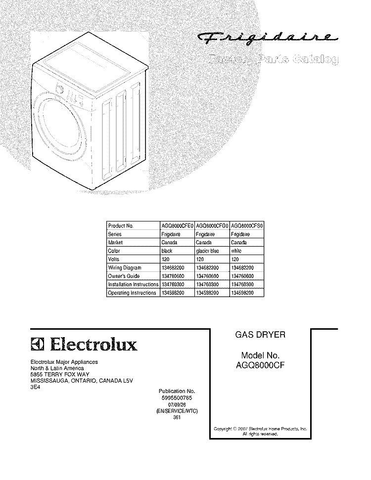 COVER Diagram and Parts List for AGQ8000CFE0  Frigidaire Dryer