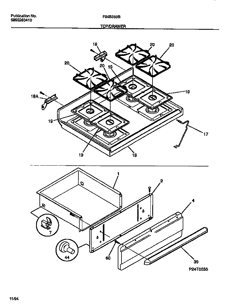 TOP / DRAWER Diagram and Parts List for F64B350BDA  Frigidaire Range
