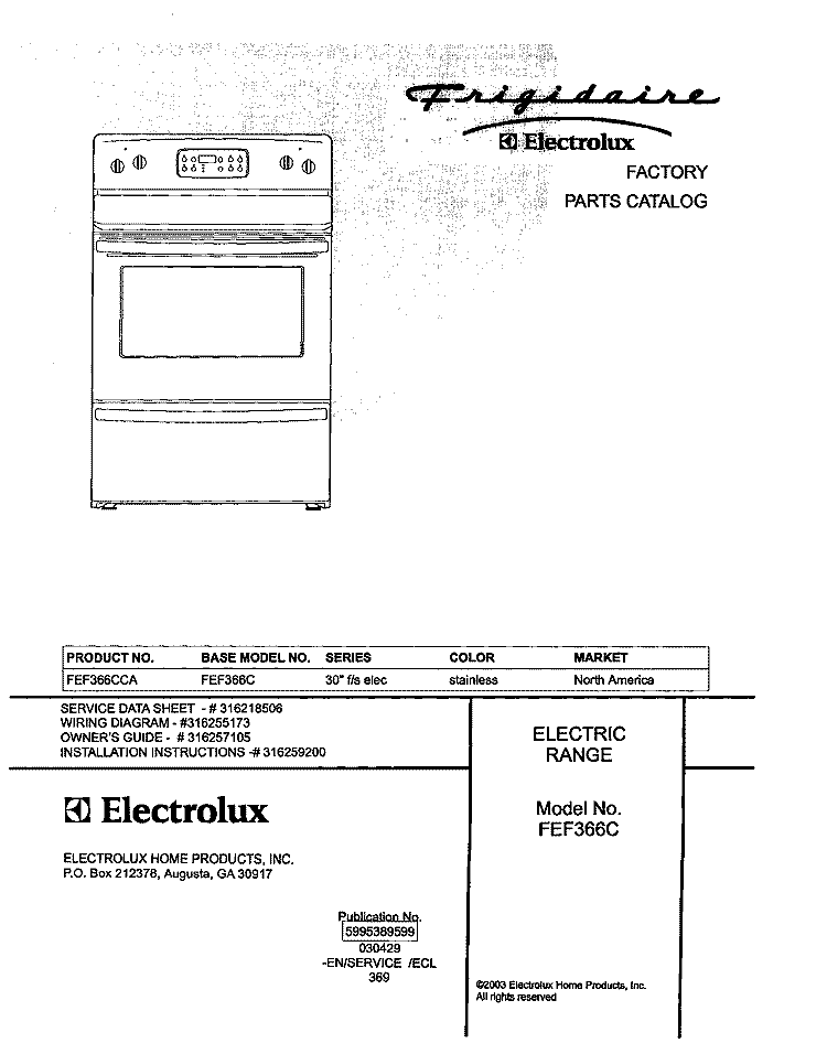 COVER Diagram and Parts List for FEF366CCA  Frigidaire Range
