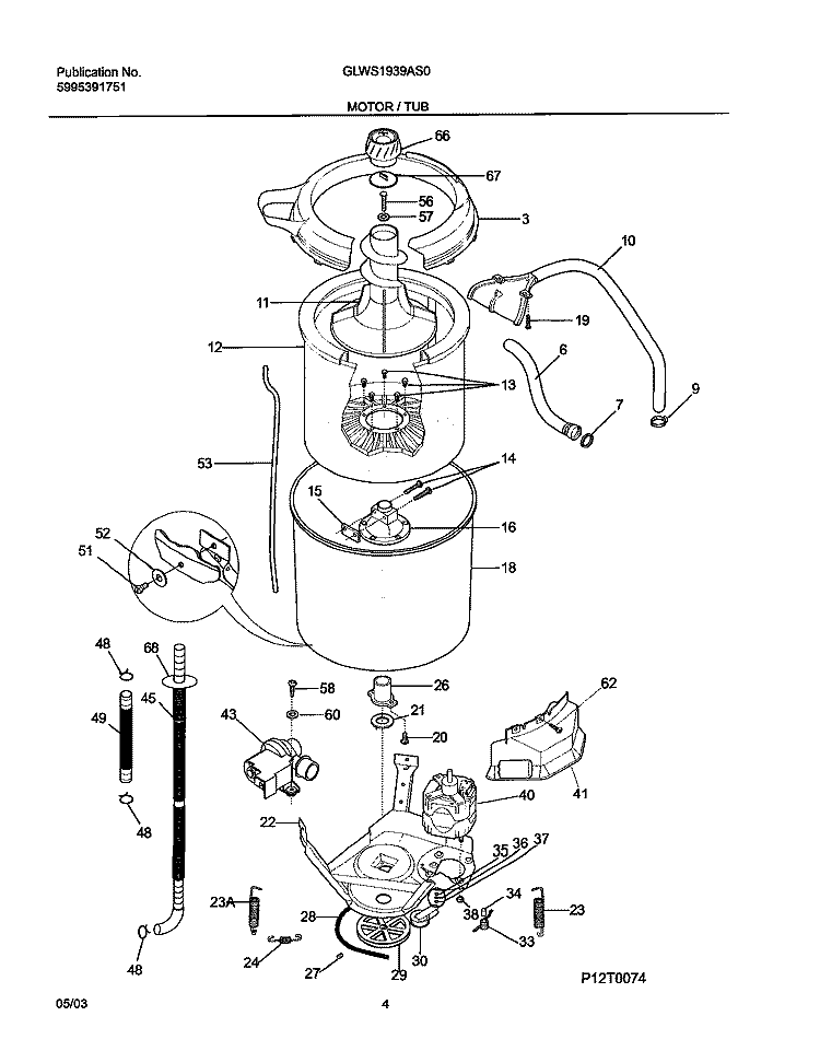 MOTOR / TUB Diagram and Parts List for GLWS1939AS0  Frigidaire Washer
