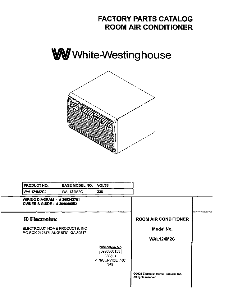 COVER Diagram and Parts List for WAL124M2C1  Westinghouse Air Conditioner