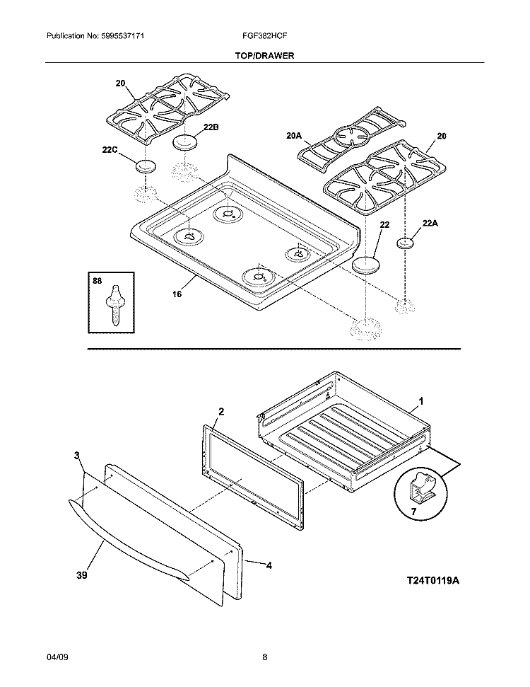 TOP/DRAWER Diagram and Parts List for FGF382HCF  Frigidaire Range