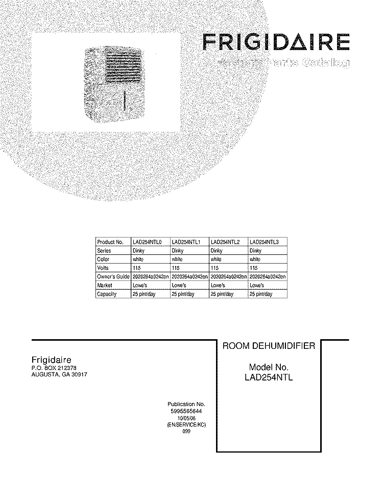 COVER Diagram and Parts List for LAD254NTL3  Frigidaire Dehumidifier