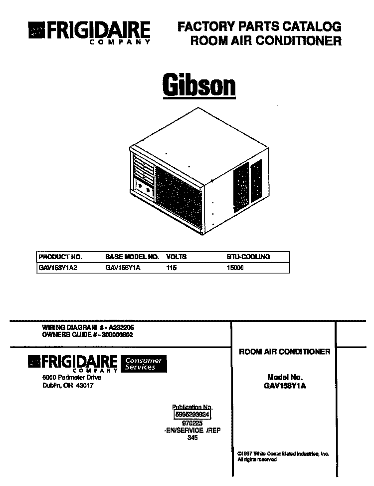 COVER Diagram and Parts List for GAV158Y1A2  Gibson Air Conditioner