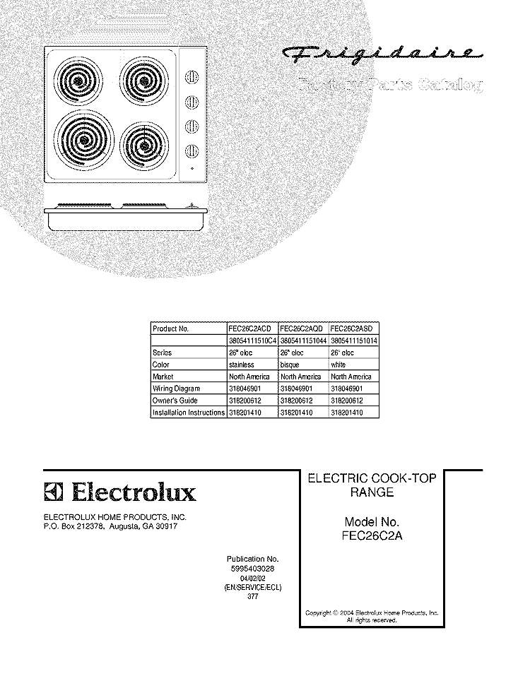 COVER Diagram and Parts List for FEC26C2AQD  Frigidaire Cooktop