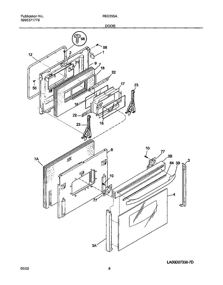 DOOR Diagram and Parts List for FED355ASD  Frigidaire Range
