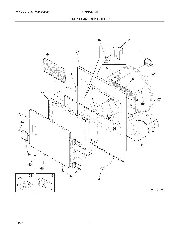 FRONT PANEL / LINT FILTER Diagram and Parts List for GLGR341CC0  Frigidaire Dryer