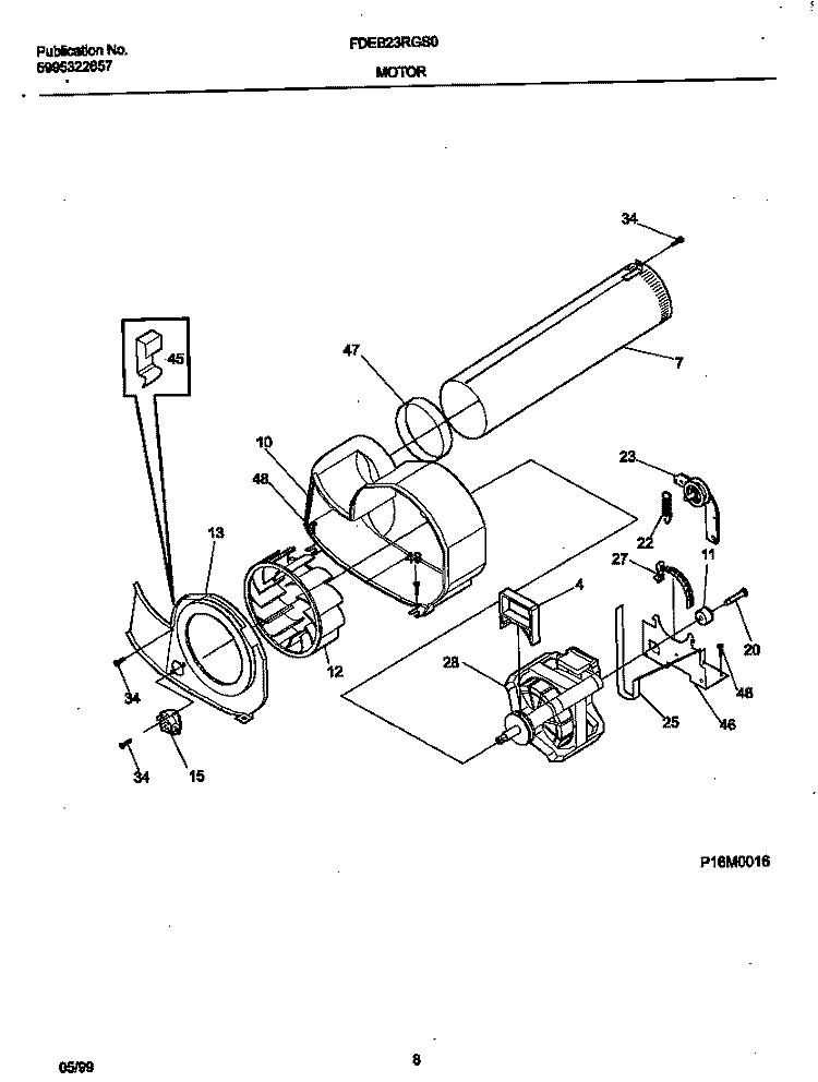 P16M0016 MOTOR, BLOWER Diagram and Parts List for FDEB23RGS0  Frigidaire Dryer