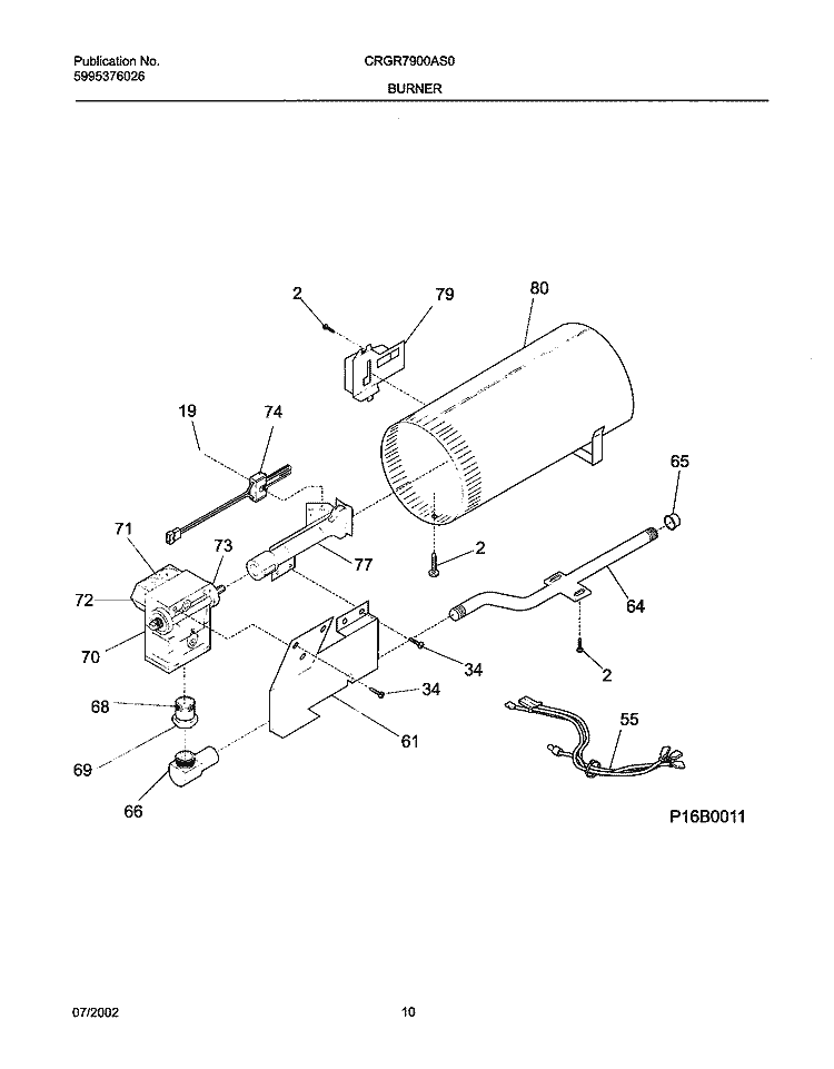 BURNER, VALVE Diagram and Parts List for CRGR7900AS0  Frigidaire Dryer