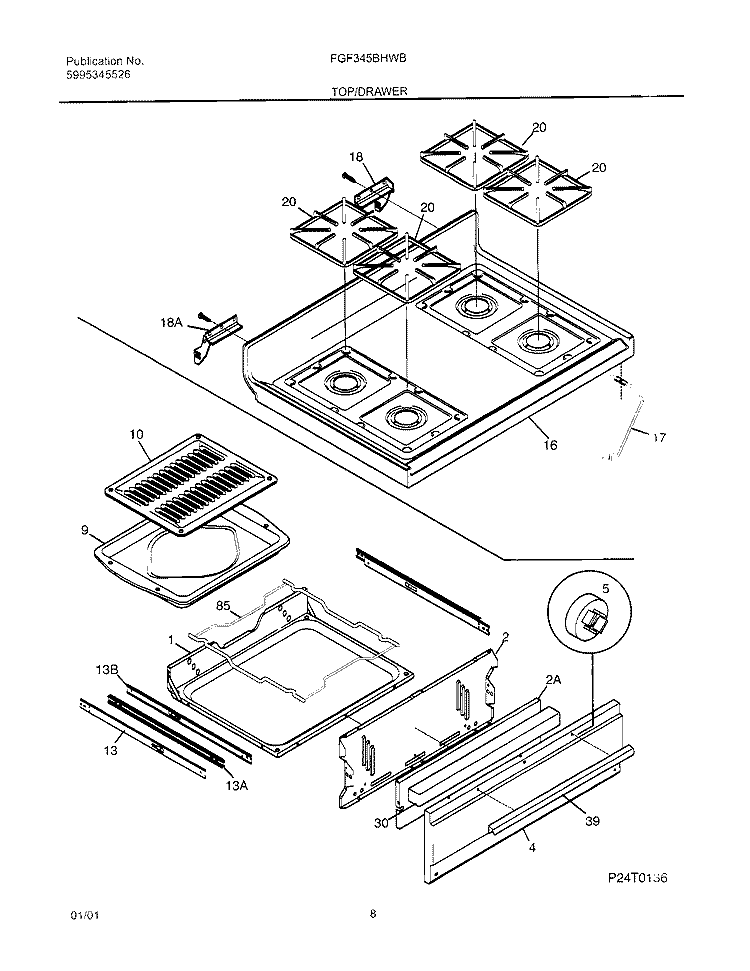 TOP / DRAWER Diagram and Parts List for FGF345BHWB  Frigidaire Range