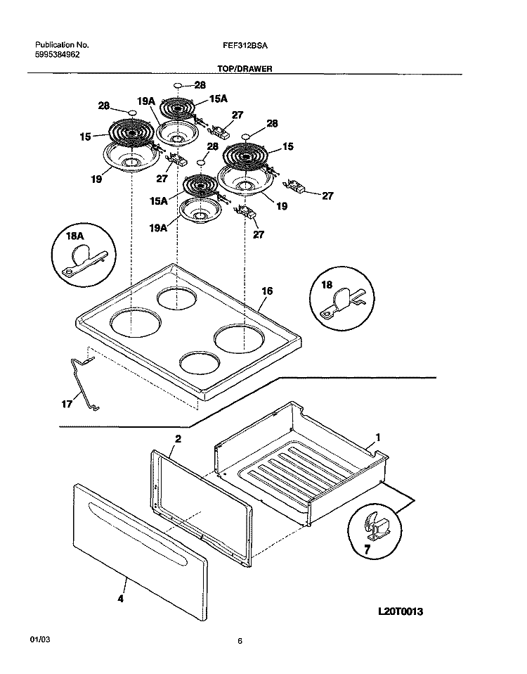 TOP / DRAWER Diagram and Parts List for FEF312BSA  Frigidaire Range