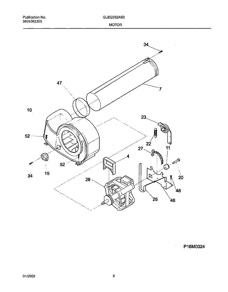 MOTOR, BLOWER Diagram and Parts List for GLEQ332AS0  Frigidaire Dryer