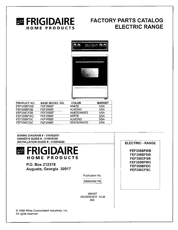 COVER Diagram and Parts List for FEF358CFSB  Frigidaire Range