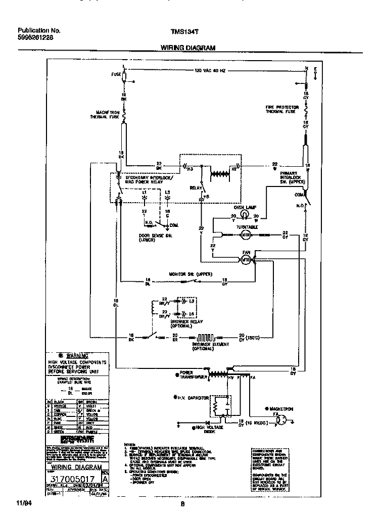 WIRING DIAGRAM Diagram and Parts List for TMS134T1G2  Tappan Microwave