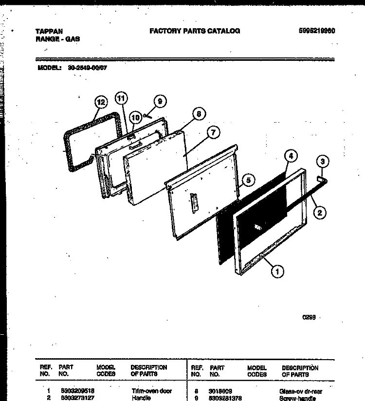 DOOR PARTS Diagram and Parts List for 30-2549-00-07  Tappan Range