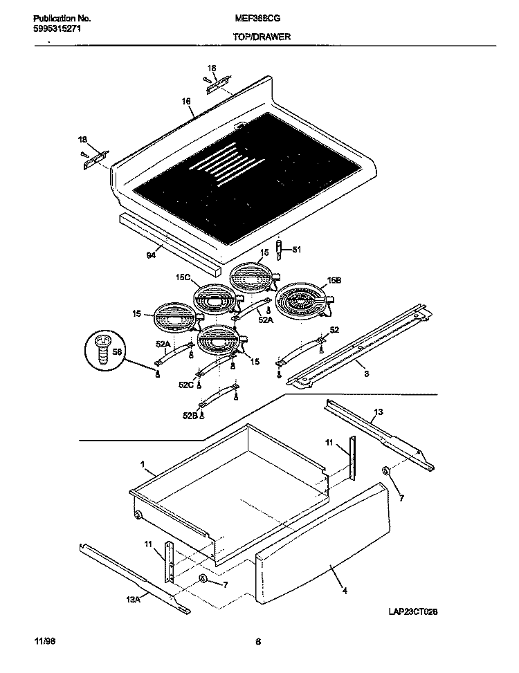 TOP / DRAWER Diagram and Parts List for MEF368CGS2  Frigidaire Wall Oven