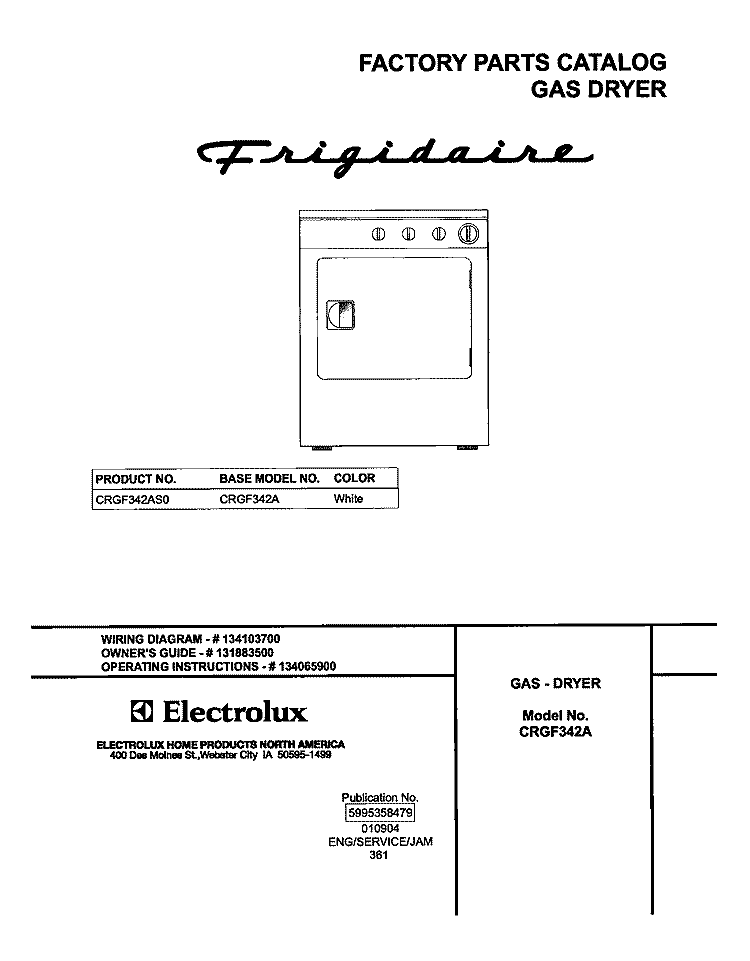 COVER Diagram and Parts List for CRGF342AS0  Frigidaire Dryer