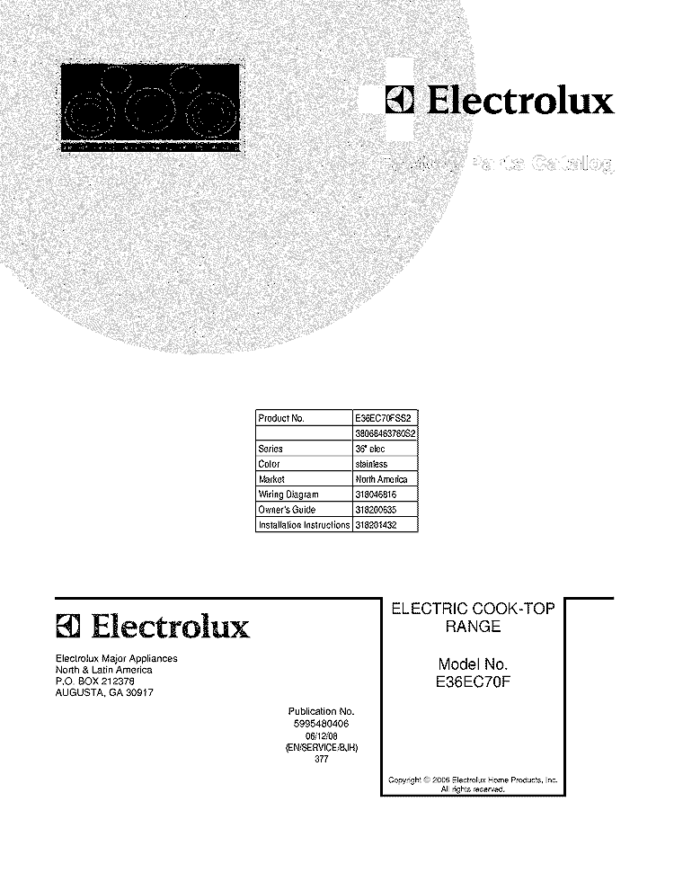 COVER Diagram and Parts List for E36EC70FSS2  Electrolux Cooktop