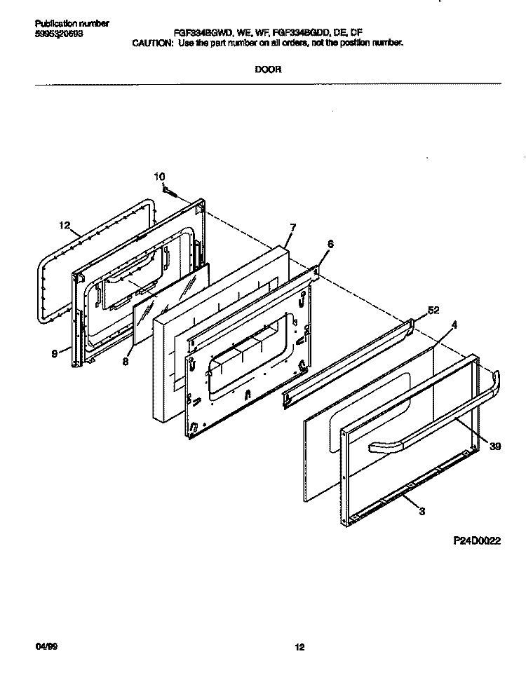 DOOR Diagram and Parts List for FGF334BGWE  Frigidaire Range