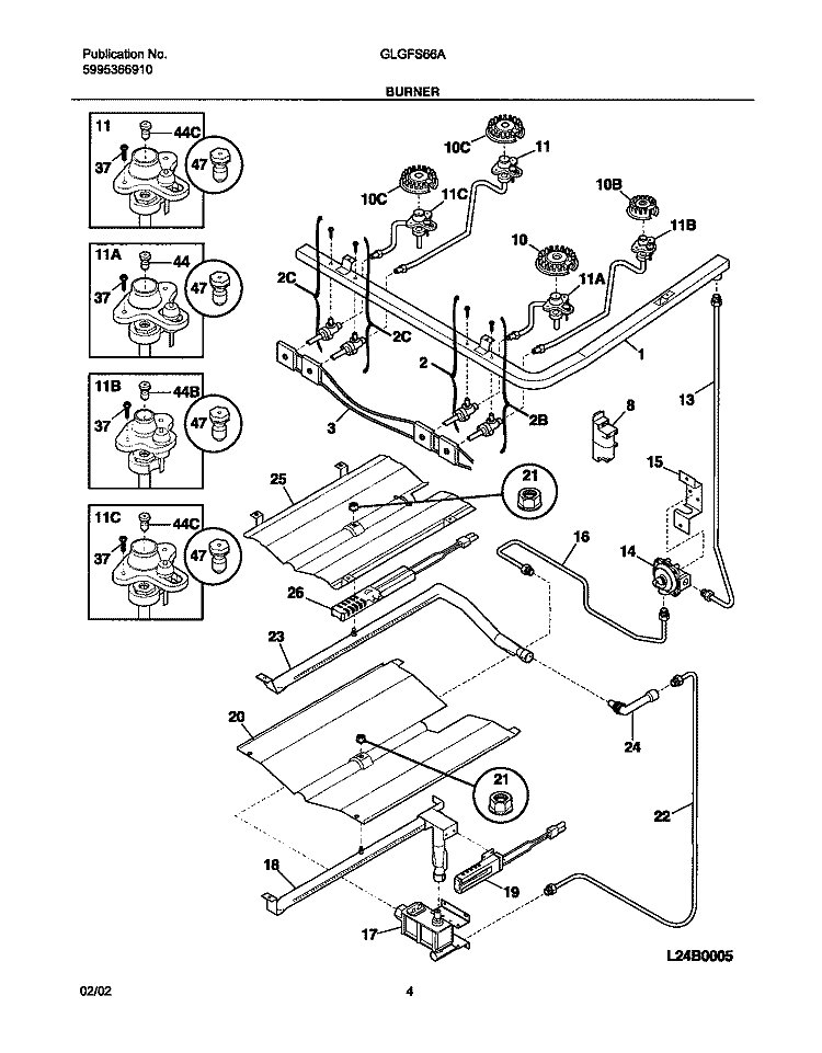 BURNER Diagram and Parts List for GLGFS66AQC  Frigidaire Range