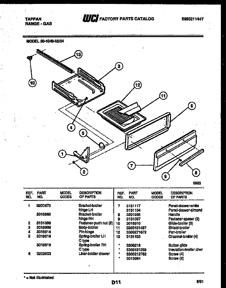 BROILER DRAWER PARTS Diagram and Parts List for 30-1049-00-04  Tappan Range