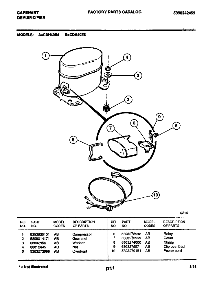 COMPRESSOR Diagram and Parts List for CDH40E4  Frigidaire Dehumidifier