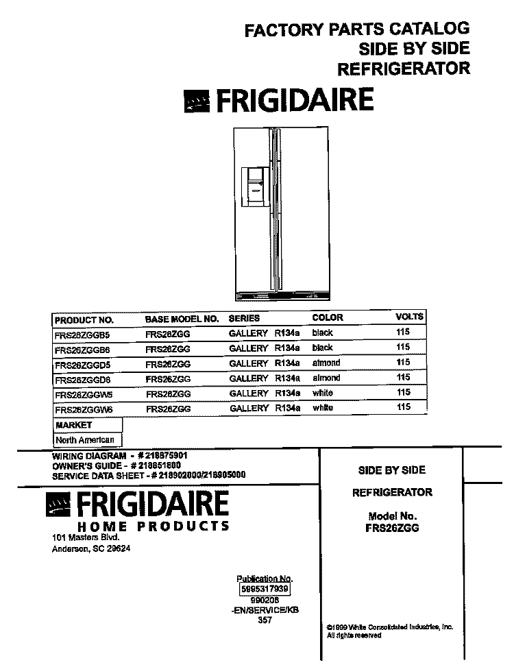 COVER Diagram and Parts List for FRS26ZGGB6  Frigidaire Refrigerator