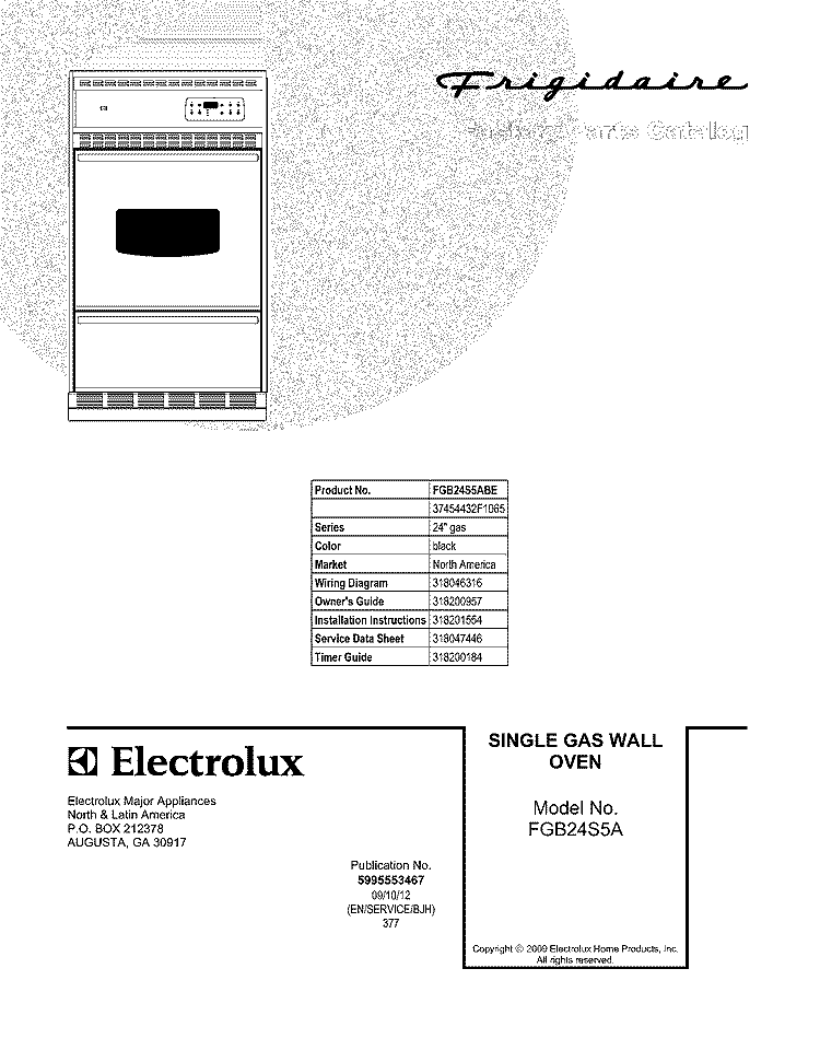 COVER Diagram and Parts List for FGB24S5ABE  Frigidaire Wall Oven