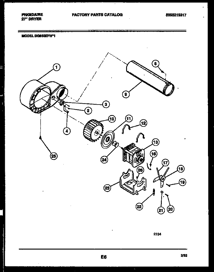 BLOWER AND DRIVE PARTS Diagram and Parts List for DG8600PW1  Frigidaire Dryer