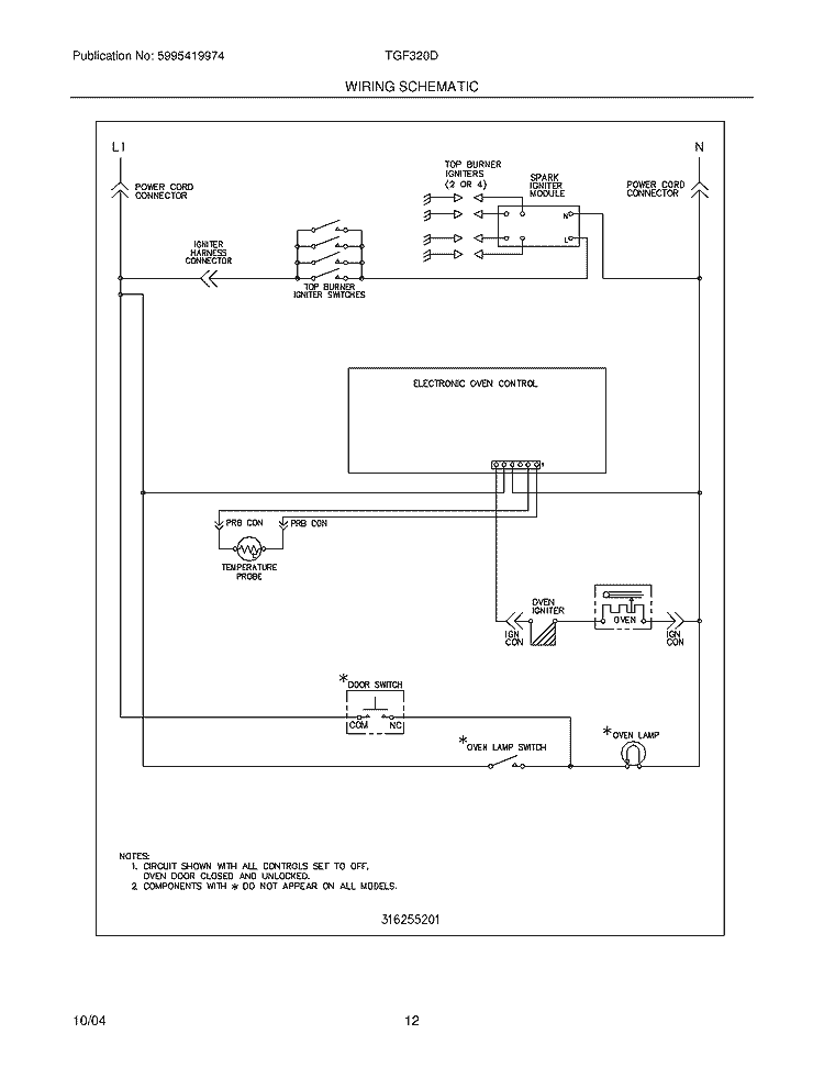 WIRING SCHEMATIC Diagram and Parts List for TGF320DUA  Tappan Range