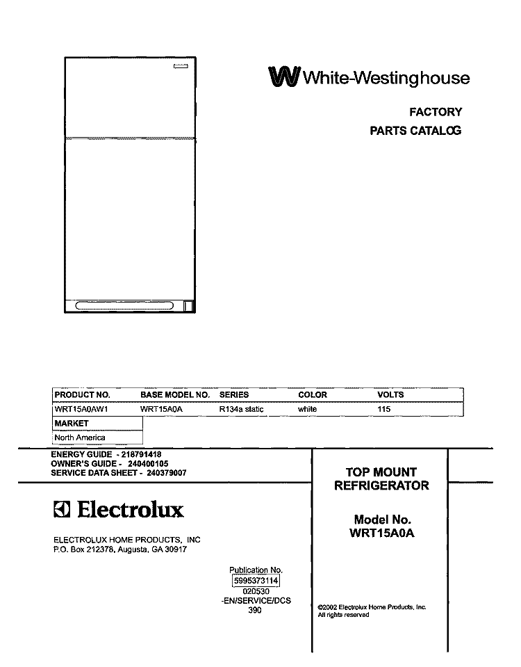 COVER Diagram and Parts List for WRT15A0AW1  Westinghouse Refrigerator