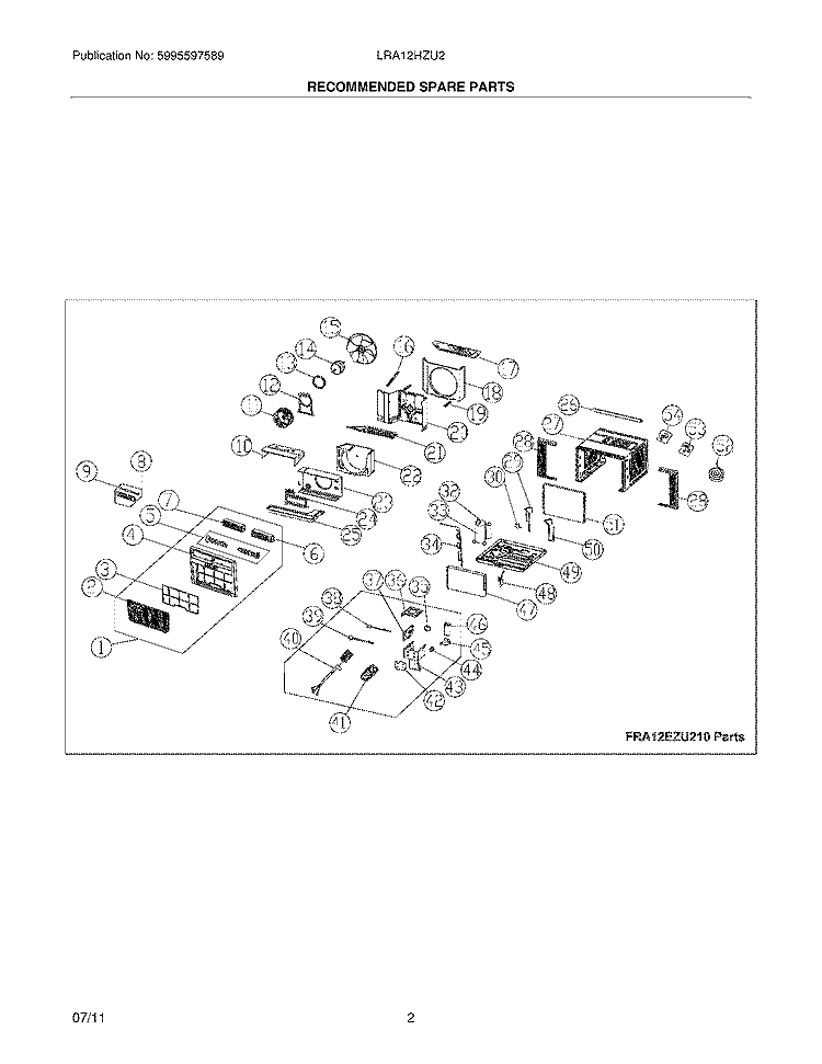 RECOMMENDED SPARE PARTS Diagram and Parts List for LRA12HZU211  Frigidaire Air Conditioner