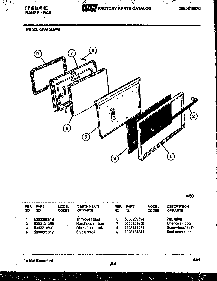 DOOR PARTS Diagram and Parts List for GP32BNW3  Frigidaire Range